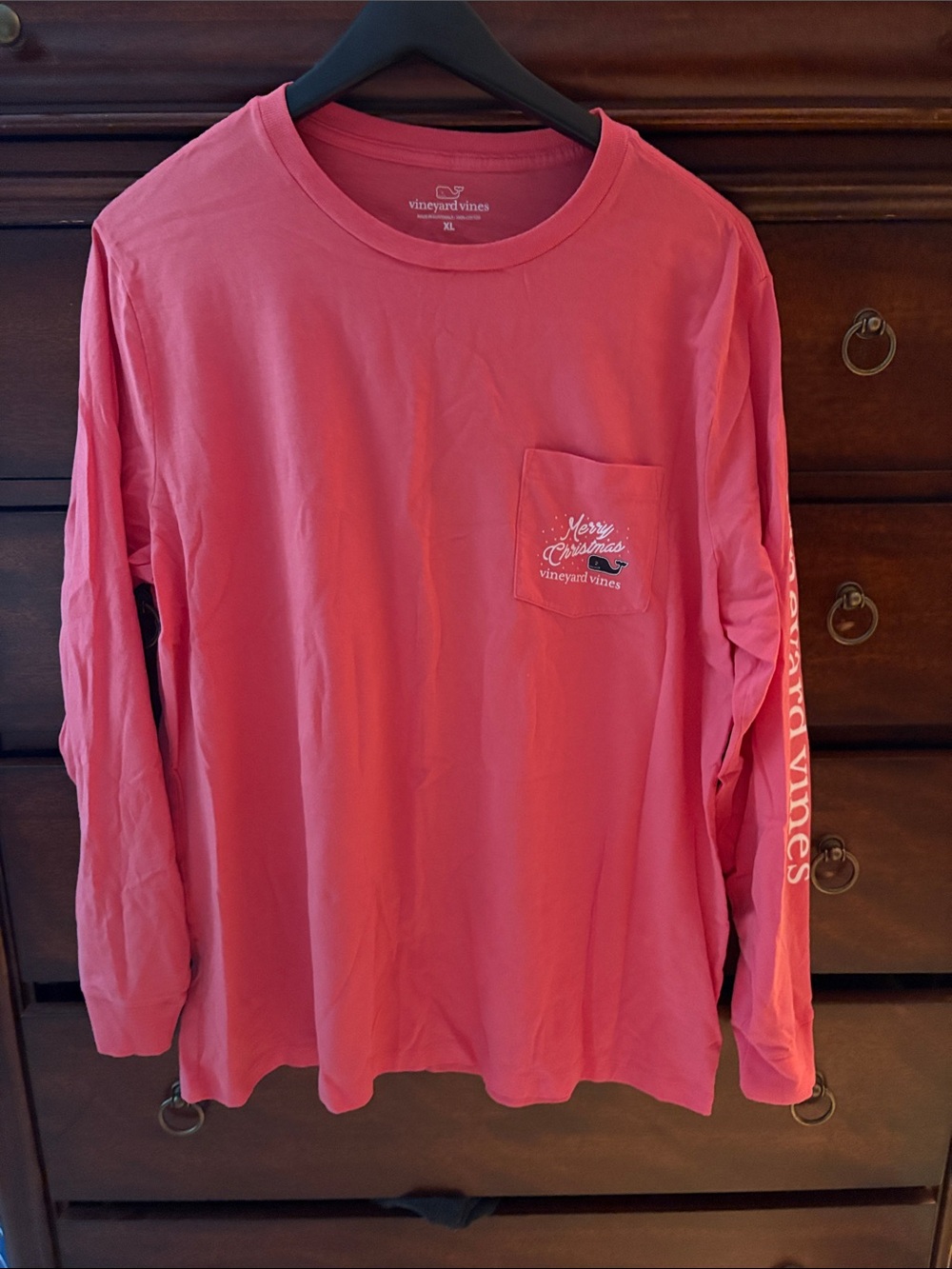 Vineyard Vines Christmas Coral Pink Long Sleeve Pocket Tee
